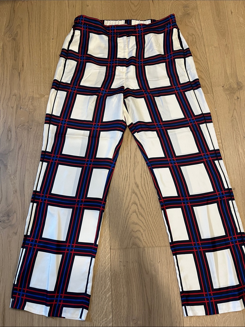 Tory Burch Silk White Pants with Navy & Red Windowpane Plaid